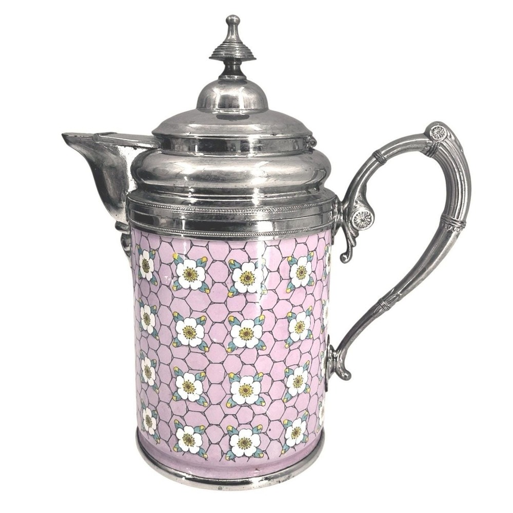 Antique Vintage Graniteware Enamel & Pewter Coffee Pot Pink Chicken Wire Dogwood
